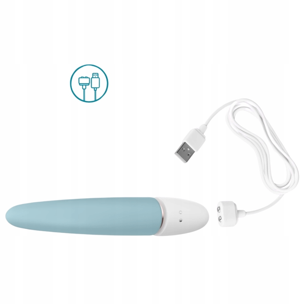 Niebiesko-biała zabawka erotyczna z białym kablem ładującym i zasilaczem. Widoczna jest również ikona ładowania.