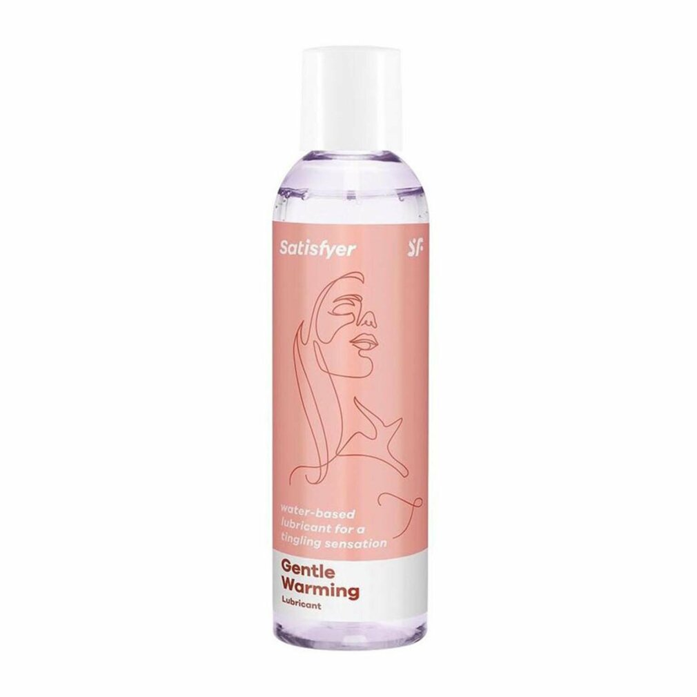 Eine Flasche Satisfyer Gentle Warming Gleitmittel. Es hat ein rosa Etikett mit einer Strichzeichnung eines Gesichts.