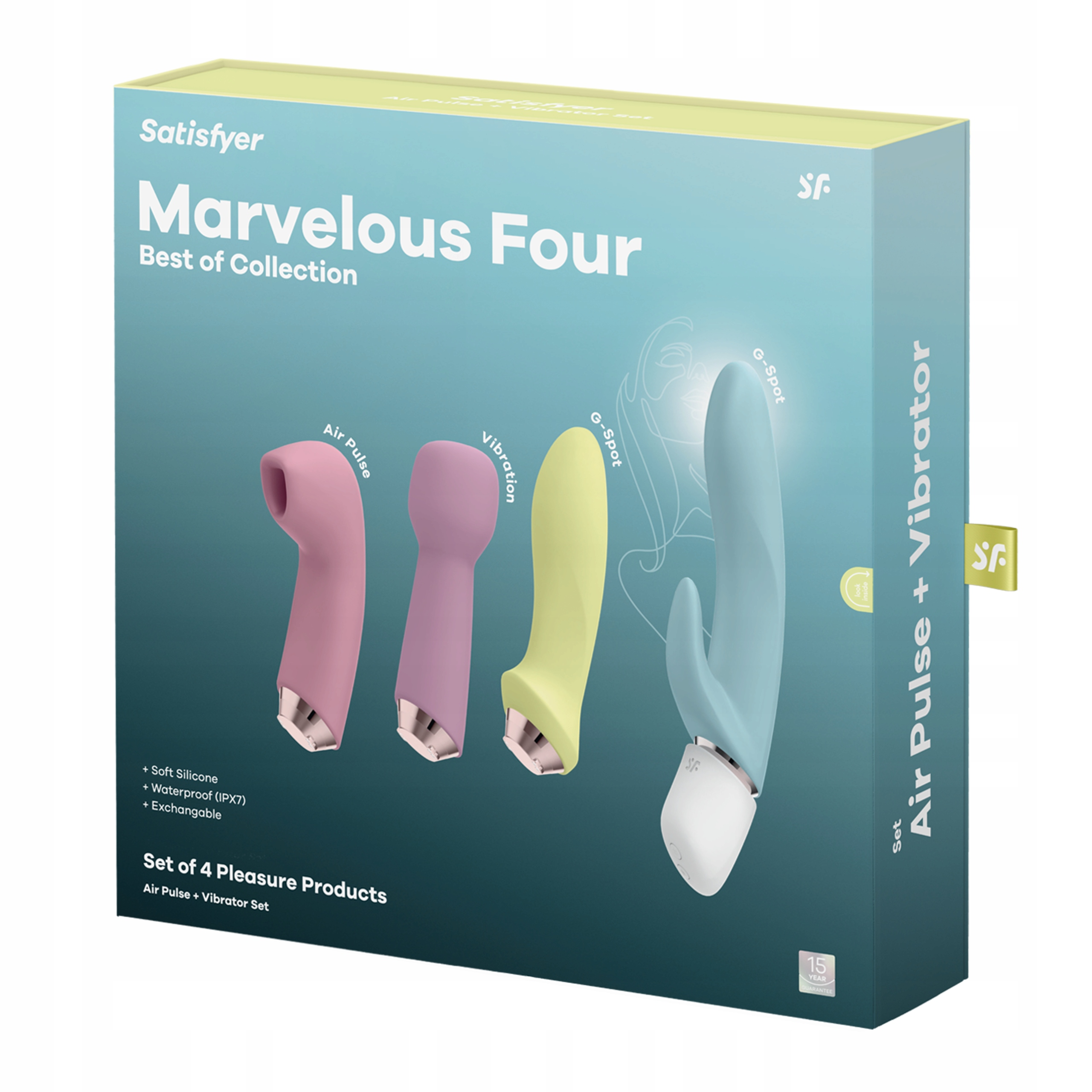 Pudełko produktów Satisfyer. Jest napisane 'Marvelous Four'. Zawiera 4 produkty przyjemności w kolorze różowym, fioletowym, żółtym i niebieskim.