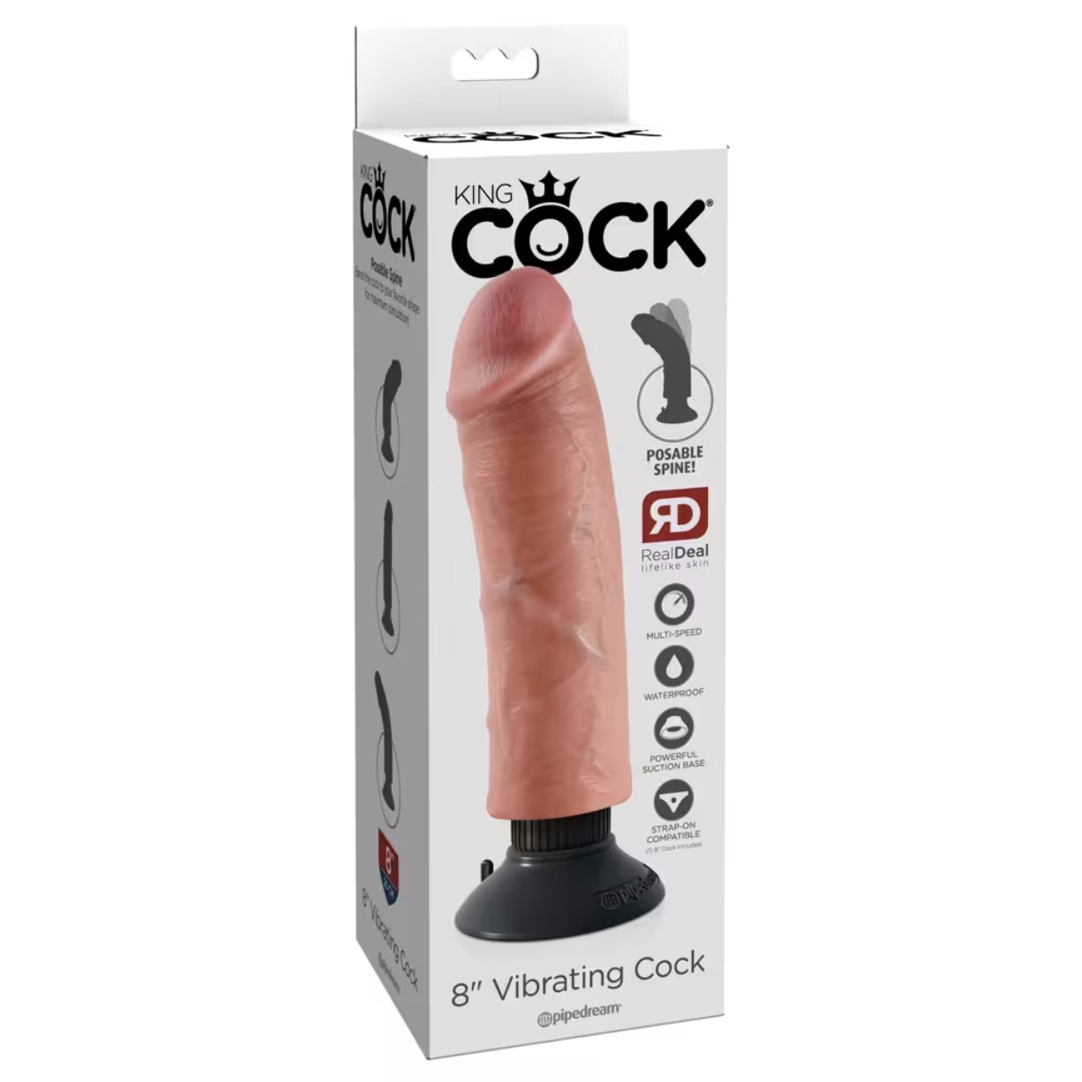 Ein rosafarbener Vibrator in einer Box. Auf der Box steht 'King Cock' und '8" Vibrating Cock'. Merkmale sind Multi-Speed und wasserdicht.