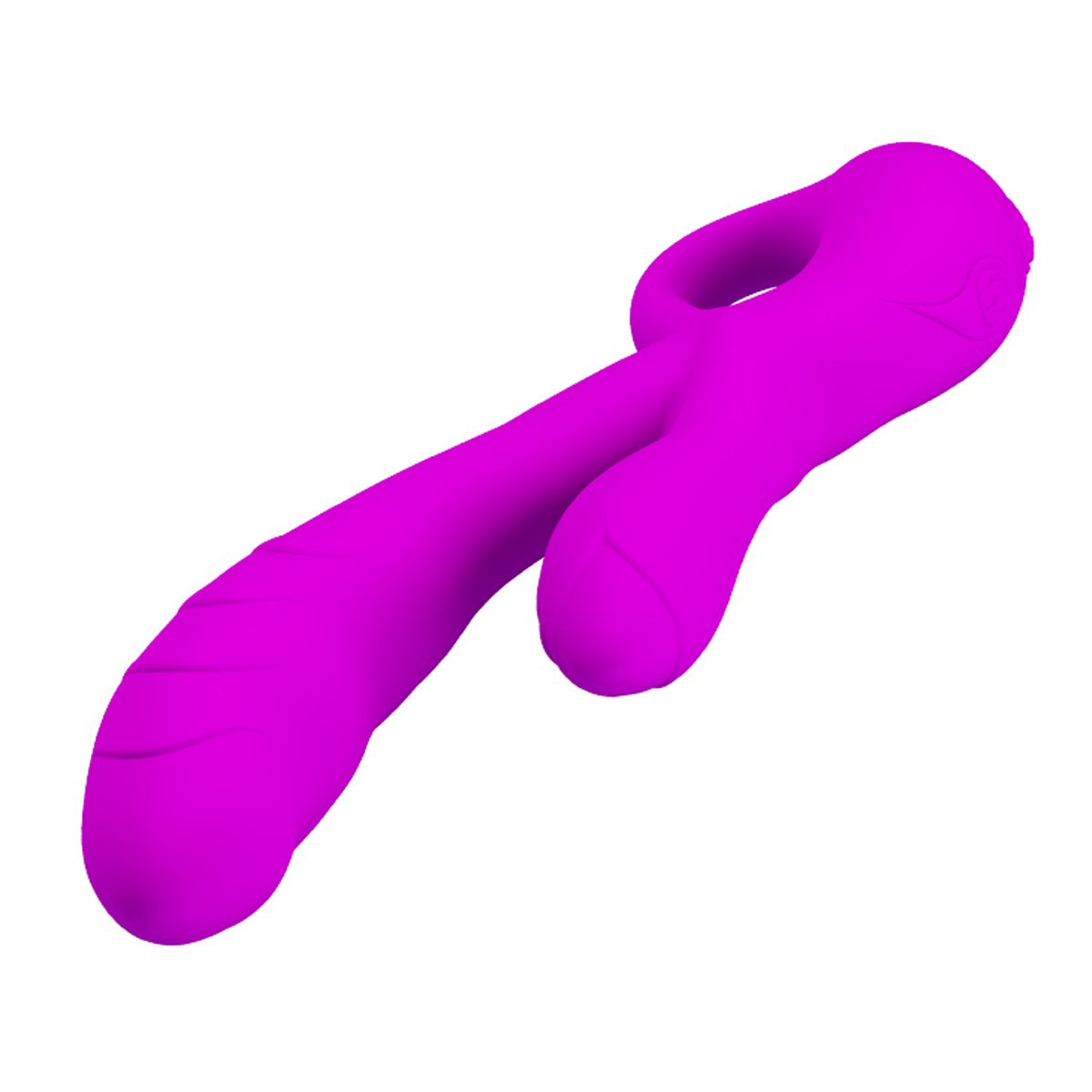 Ein leuchtendes magenta Sexspielzeug ist auf weißem Hintergrund isoliert. Es hat einen Ring, einen Schaft und zwei abgerundete Vorsprünge.