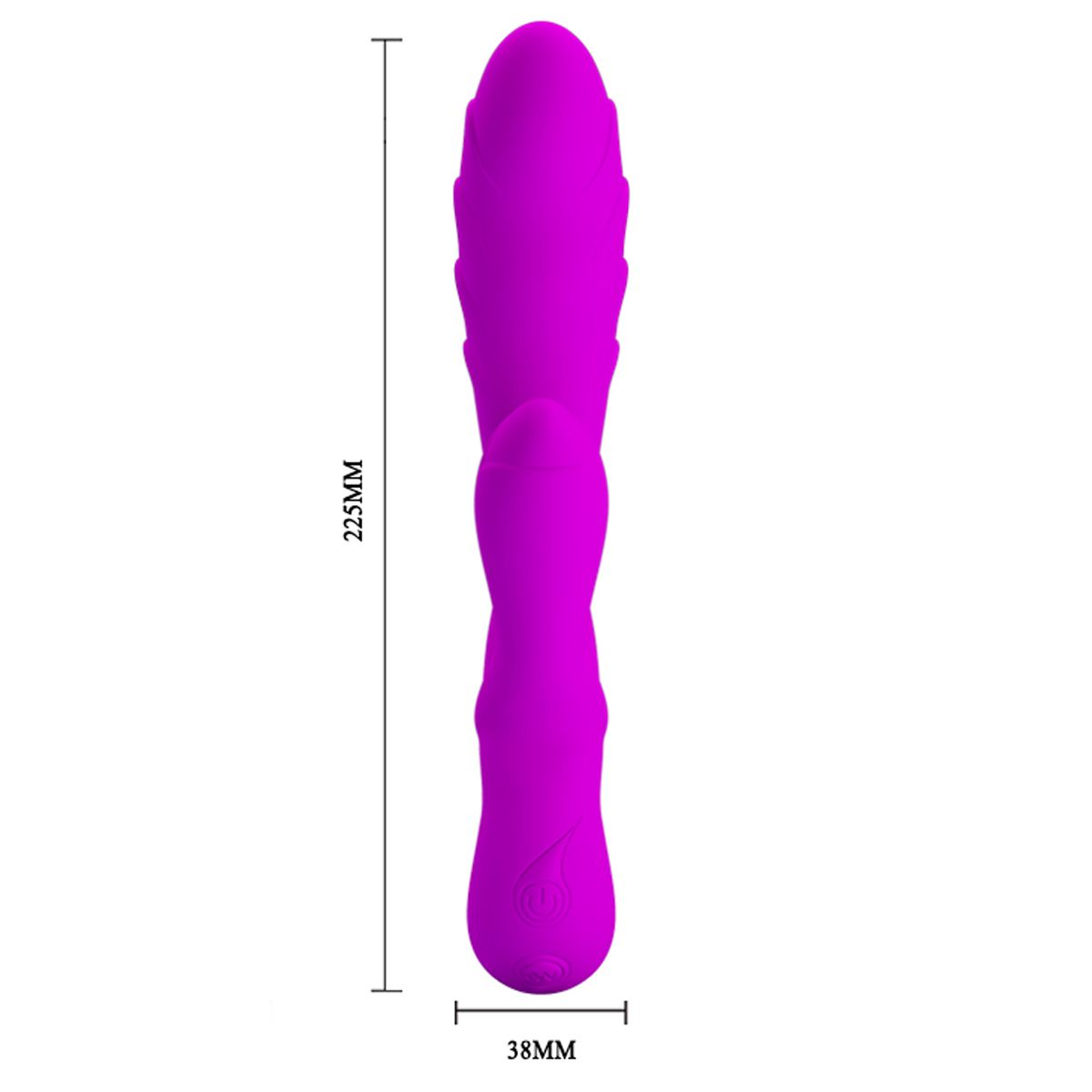 Ein lila Sexspielzeug, 225 mm lang und 38 mm breit. Es hat eine abgerundete Spitze, einen strukturierten Schaft und eine abgerundete Basis mit Knopf.