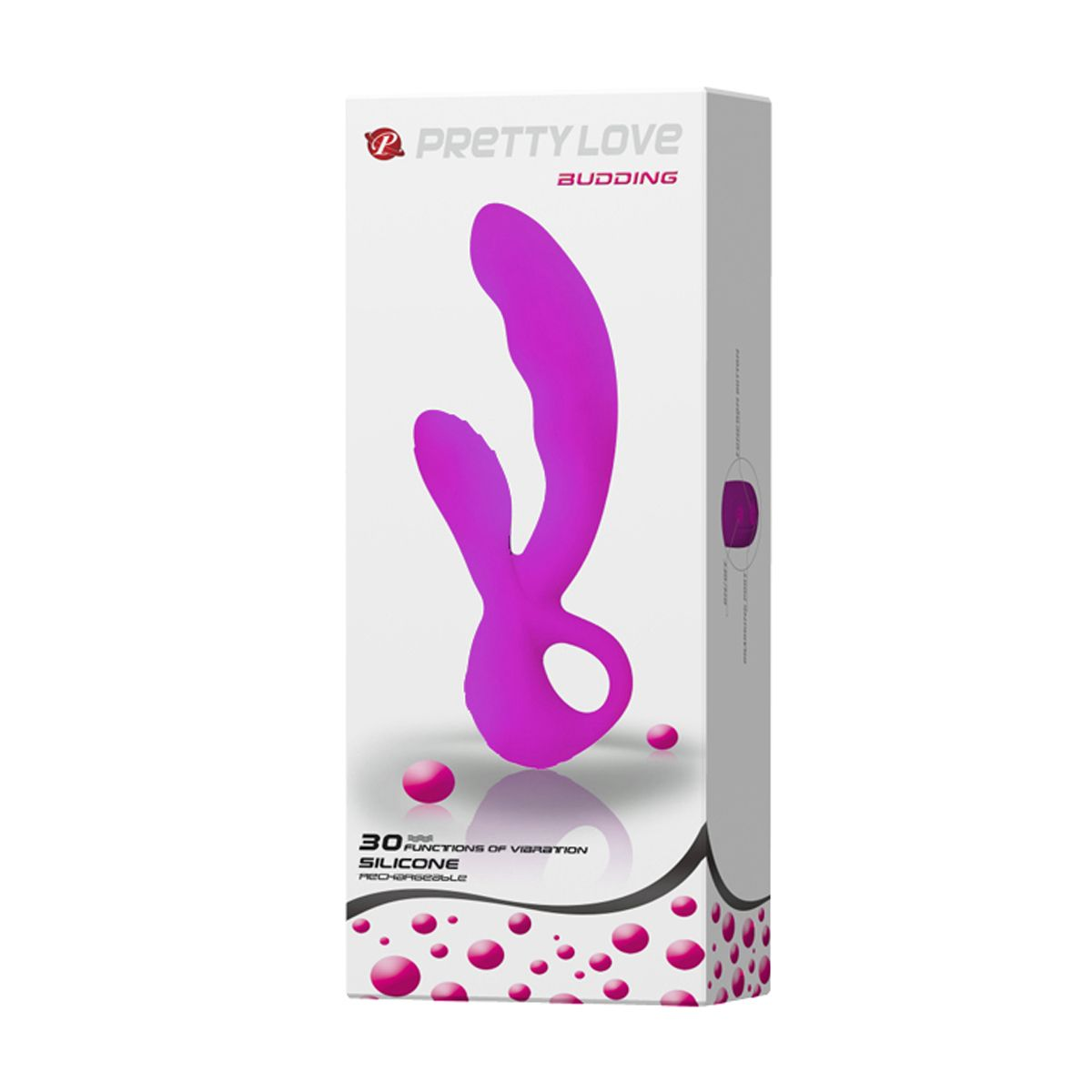 Schachtel mit einem rosa Vibrator. Auf der Schachtel steht: 'Pretty Love Budding', '30 Funktionen' und 'Silikon wiederaufladbar'.