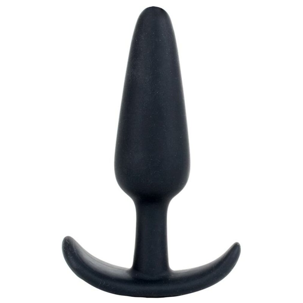Ein schwarzer, spitz zulaufender Analplug mit gebogener Basis, isoliert vor weißem Hintergrund.