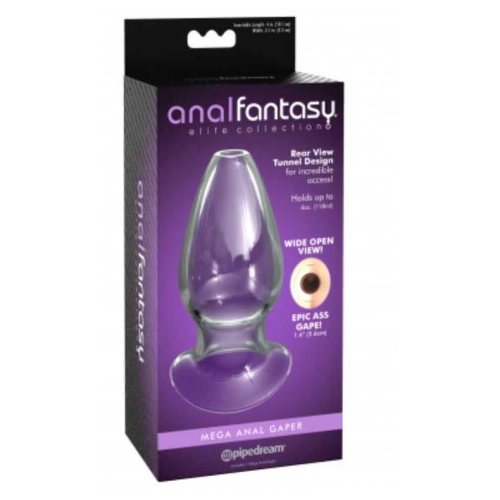 Produktbox mit einem Glas-Analplug. Text sagt 'anal fantasy' und 'mega anal gaper'. Lila und schwarze Box.