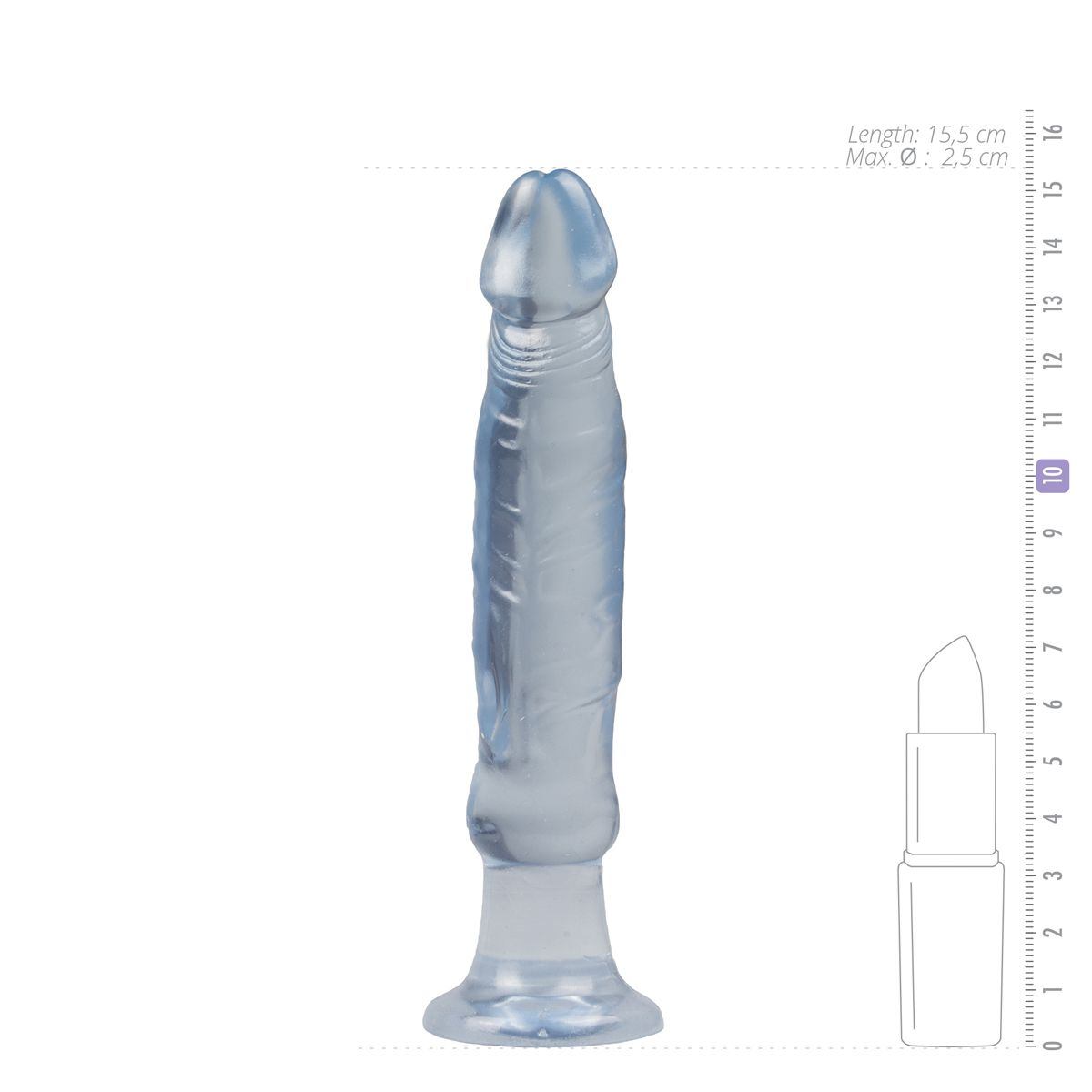 Ein durchscheinender, blauer Dildo steht aufrecht. Ein Lineal und ein Lippenstift dienen zum Größenvergleich.