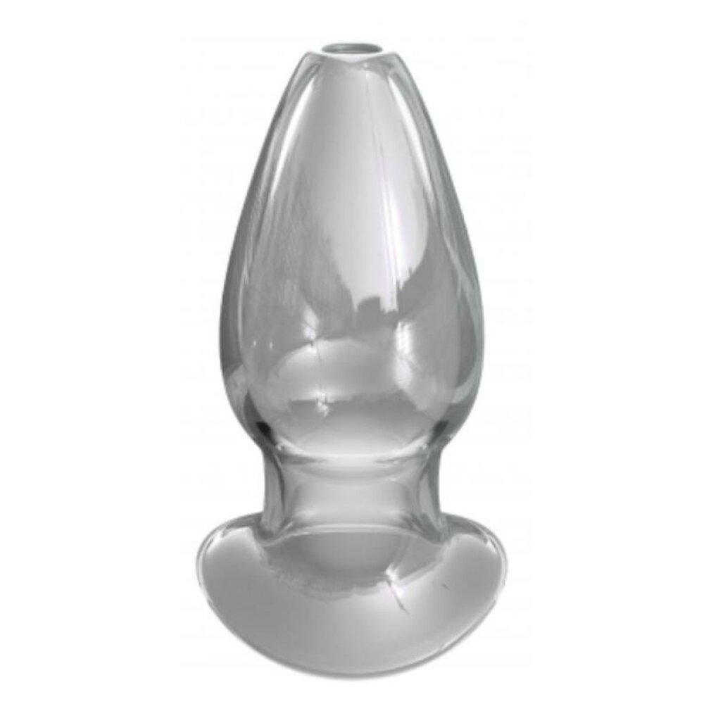Ein klarer Glas-Analplug. Es hat eine runde Basis und eine tropfenförmige Oberseite. Das Objekt befindet sich auf weißem Hintergrund.