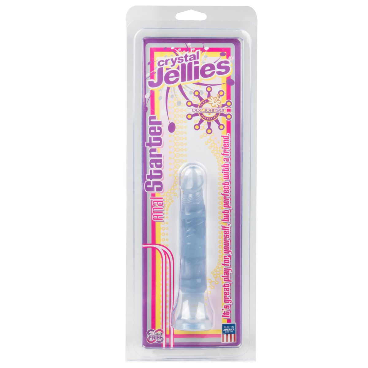 Ein blauer Dildo ist in einer transparenten Plastikverpackung verpackt. Die Verpackung trägt die Aufschrift 'Crystal Jellies' und 'Anal Starter'.