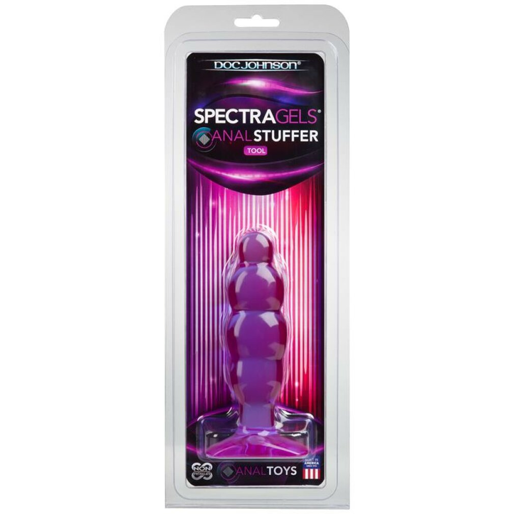 Ein lila Sexspielzeug ist in einem durchsichtigen Plastikbehälter verpackt. Das Produkt ist mit 'SpectraGels Anal Stuffer Tool' von Doc Johnson beschriftet.