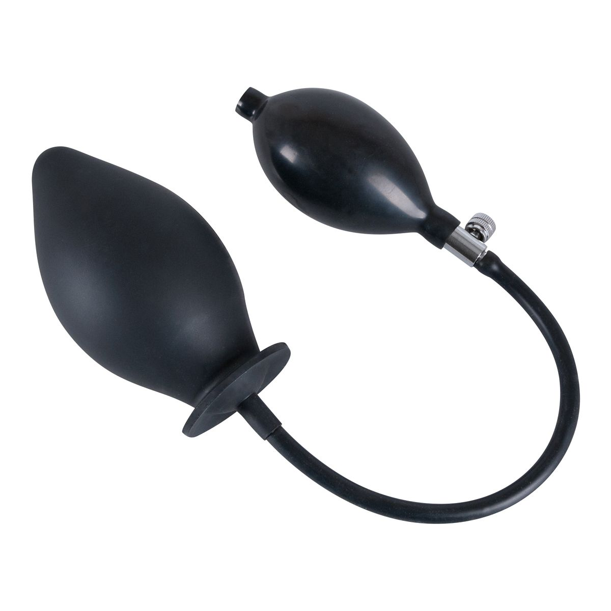 Ein schwarzer Anus-Plug mit aufblasbarer Birne, verbunden durch einen Schlauch. Der Plug hat einen ausgestellten Fuß, die Birne ein Metallventil.