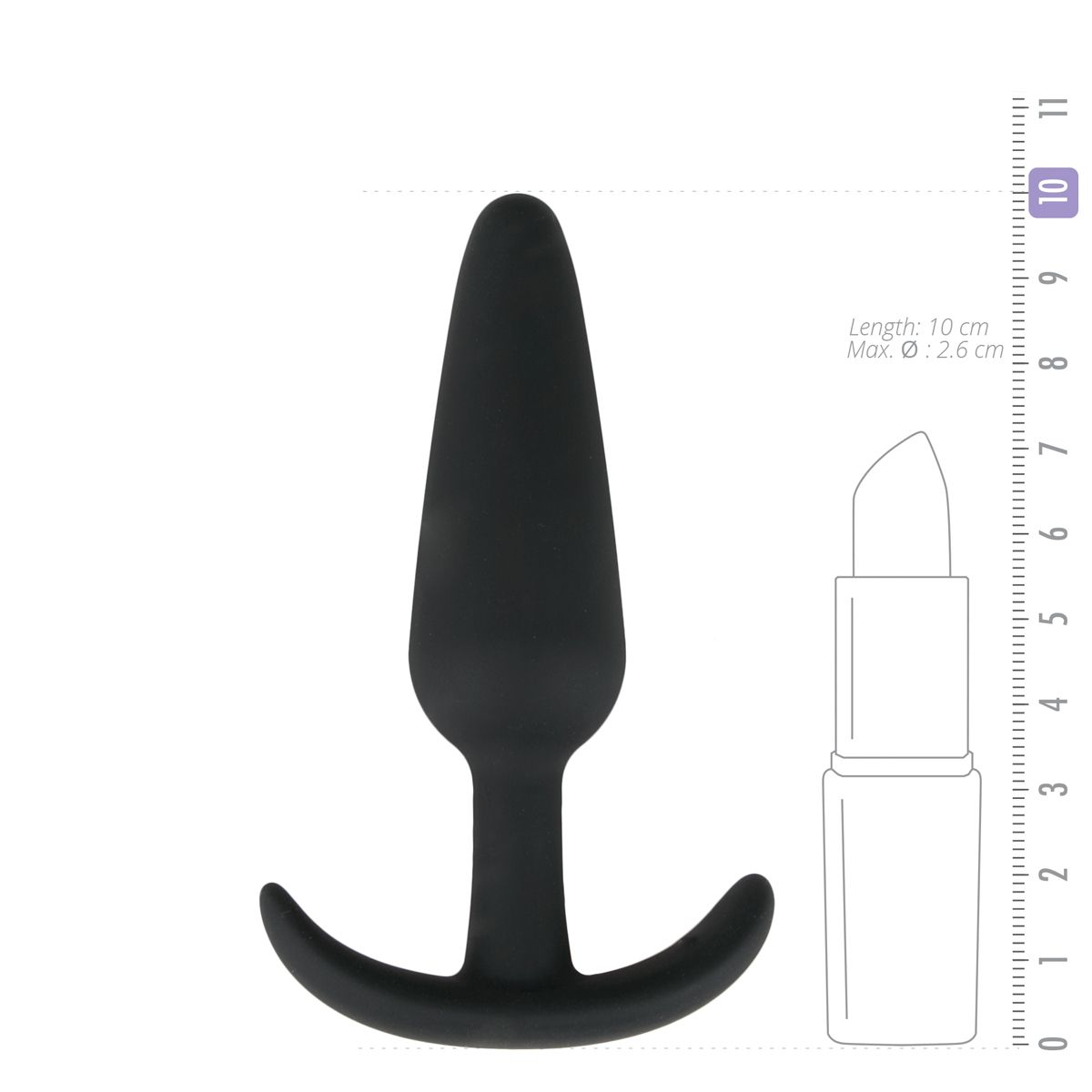 Ein schwarzer Analplug mit T-förmigem Sockel und konischer Spitze, neben einer Darstellung eines Lippenstifts und eines Lineals.