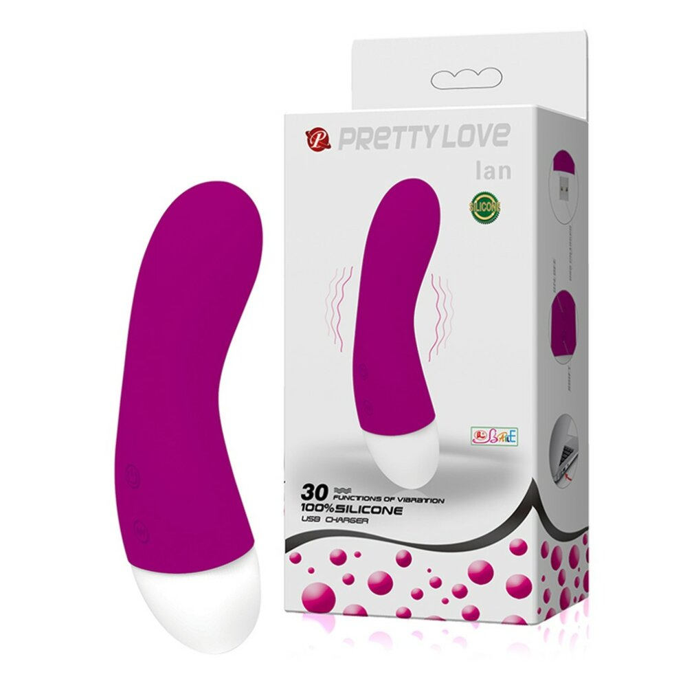 Ein lila Sexspielzeug und seine Schachtel. Das Spielzeug ist gebogen mit einer weißen Spitze. Auf der Schachtel steht 'Pretty Love' und hat ein USB-Ladegerät.