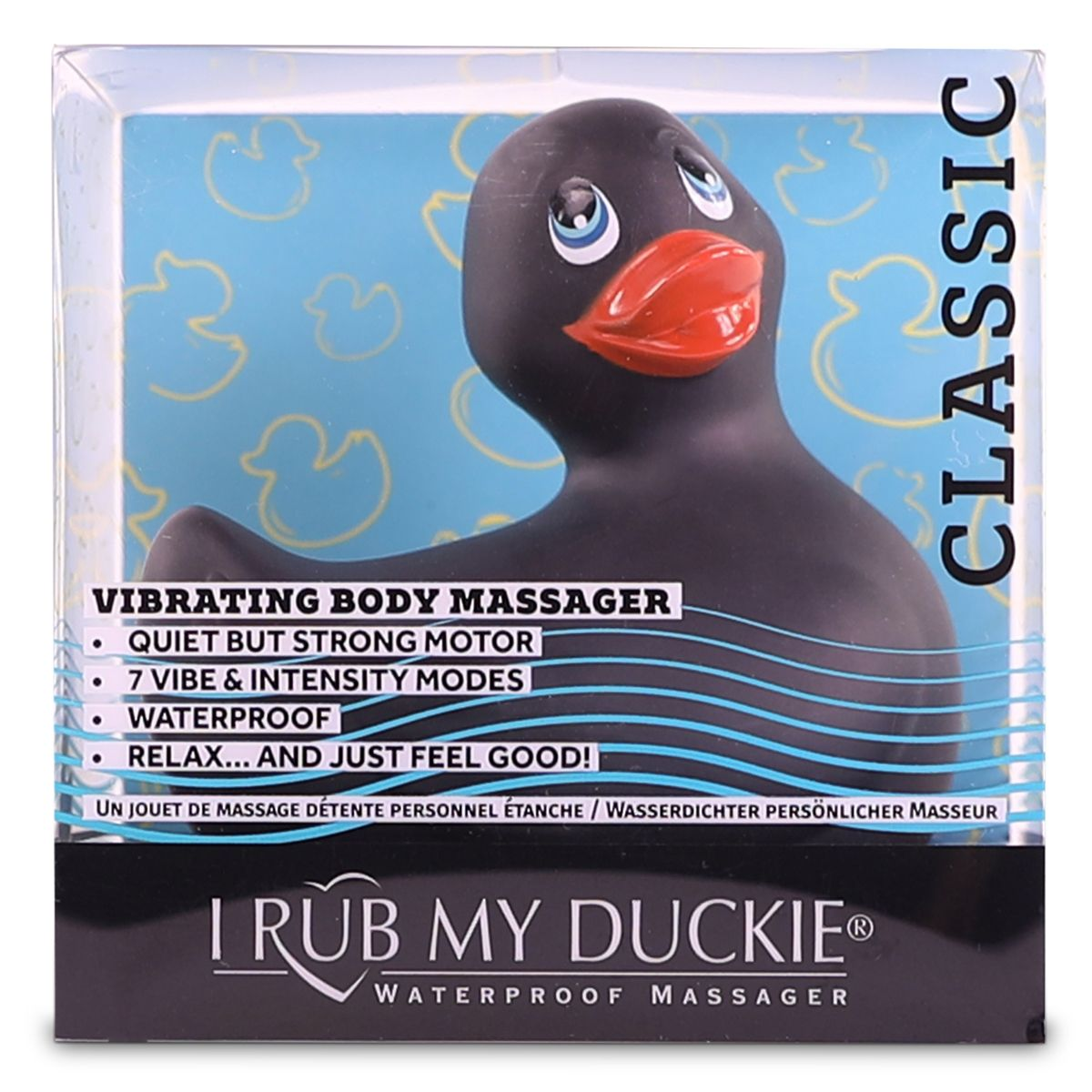 Ein schwarzer Quietschenten-Massagegerät mit roten Lippen befindet sich in einer durchsichtigen Box. Auf der Box steht 'Vibrating Body Massager'.
