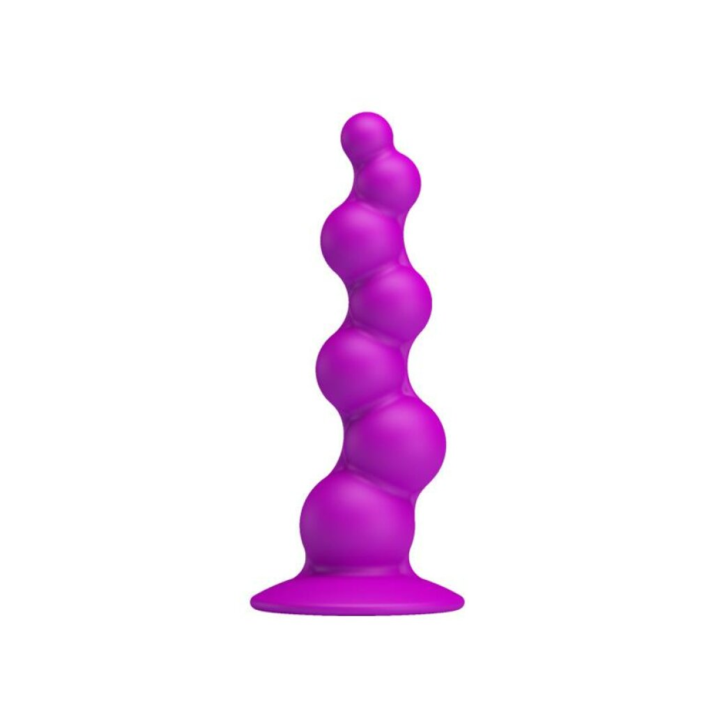 Ein lila Sexspielzeug mit wellenförmigem, knollenförmigem Design. Es hat eine flache Basis und eine Reihe runder, verbundener Formen.