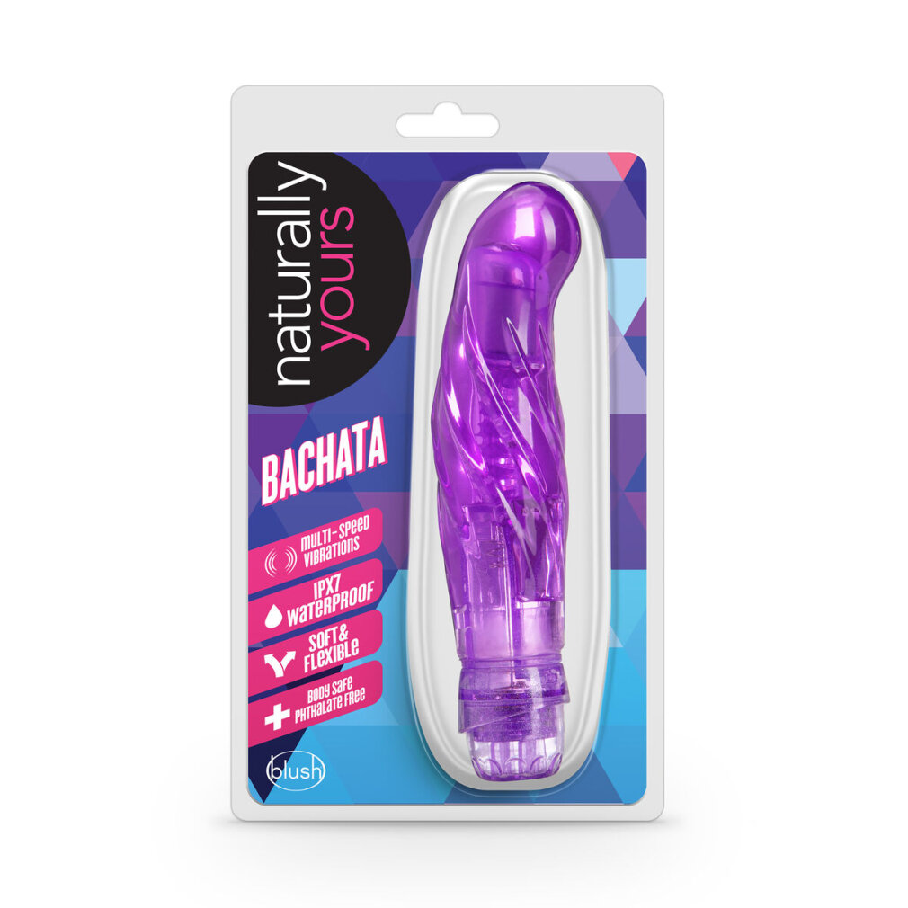 Ein lila Vibrator in einer durchsichtigen Plastikverpackung. Die Verpackung trägt die Aufschrift 'naturally yours' und 'BACHATA'.