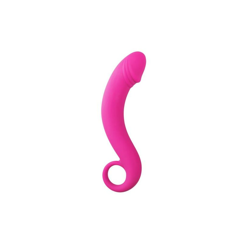 Ein pinkfarbenes Sexspielzeug vor weißem Hintergrund. Es ist gebogen mit einem Ring an der Basis und einer abgerundeten Spitze.
