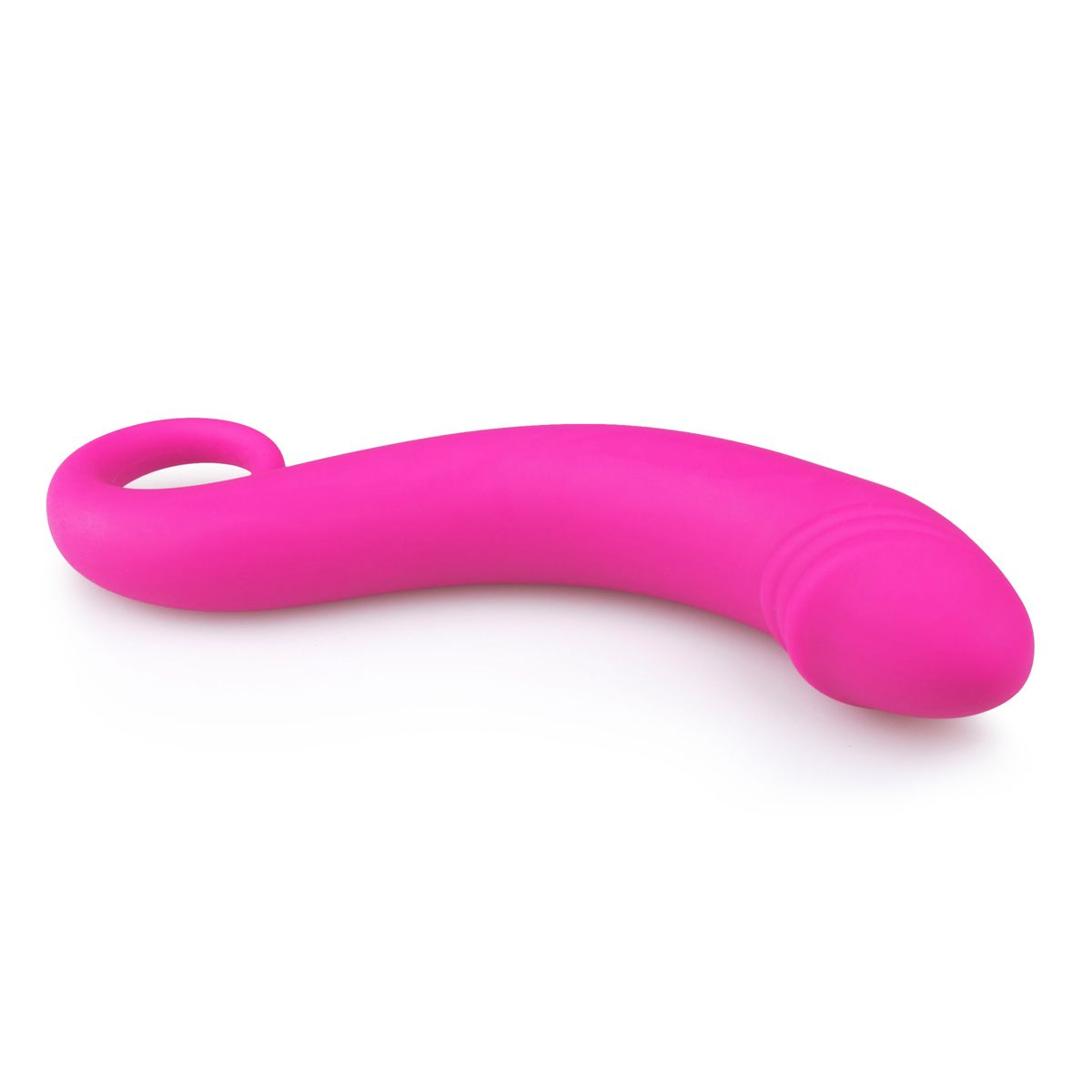 Ein pinkfarbenes, gebogenes Sexspielzeug mit einer Schlaufe an einem Ende und einer abgerundeten Spitze. Auf weißem Hintergrund, gut beleuchtet.