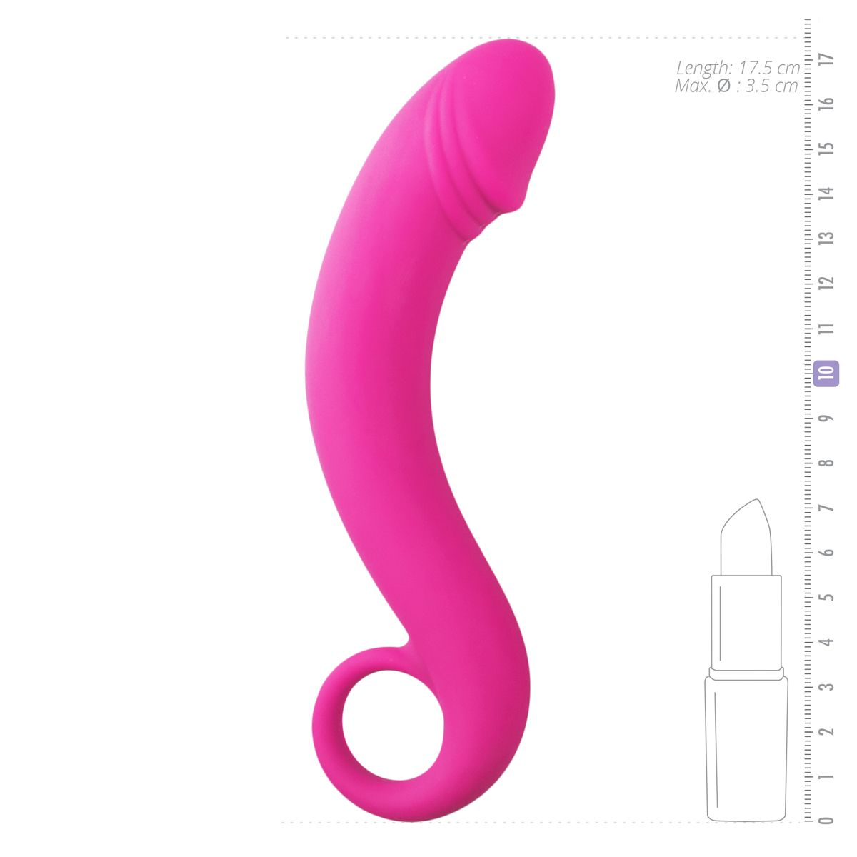Ein pinkfarbenes Sexspielzeug mit geschwungener Form und einem Ring am Boden. Daneben eine Lippenstift-Skizze zum Maßstab.