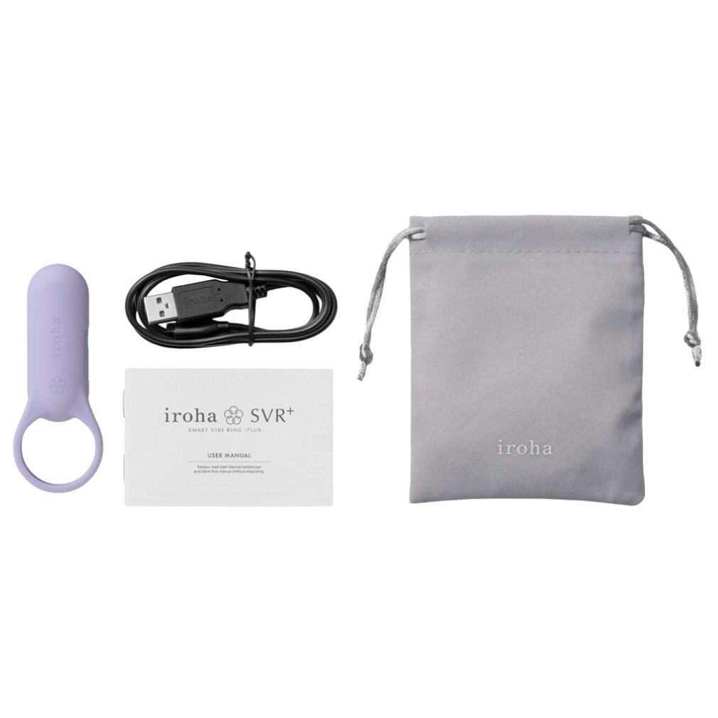 Produkt-Set: lila Vibrator, schwarzes USB-Kabel, Benutzerhandbuch, grauer Beutel mit Logo. Weißer Hintergrund.