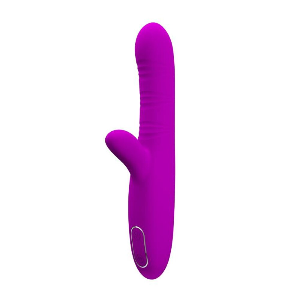 Ein lila Sexspielzeug mit gebogener Form und einem kleinen, abgerundeten Aufsatz. Es hat Knöpfe an der Basis und vor weißem Hintergrund.
