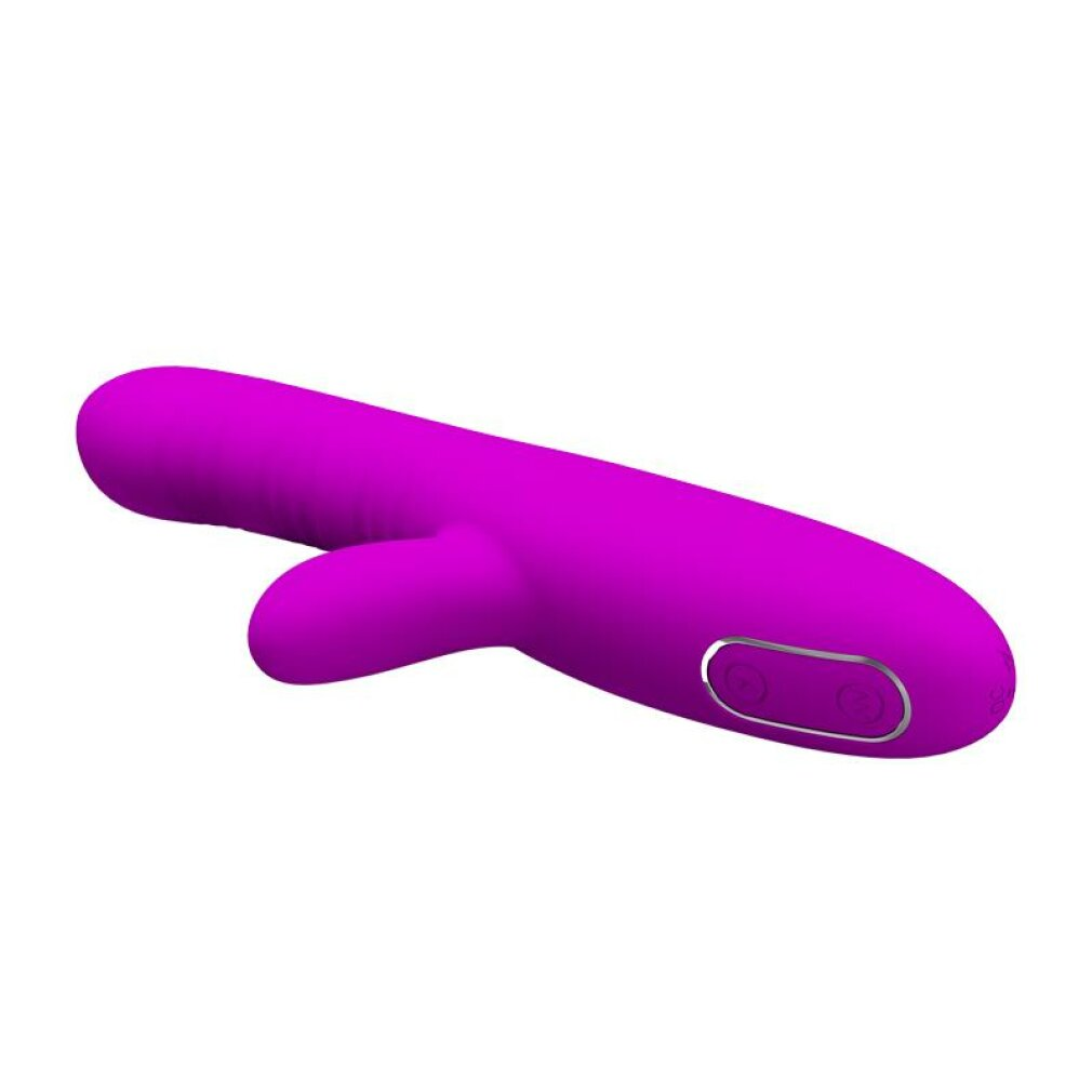 Ein lila Vibrator mit gebogener Form und einem kleineren, vorstehenden Teil. Er hat zwei silberne Knöpfe.