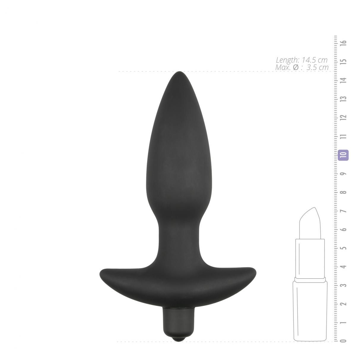 Ein schwarzer Anus-Plug mit ausgestellter Basis und spitz zulaufender Spitze. Daneben ein Lineal mit Abmessungen. Text zeigt Länge und Durchmesser.