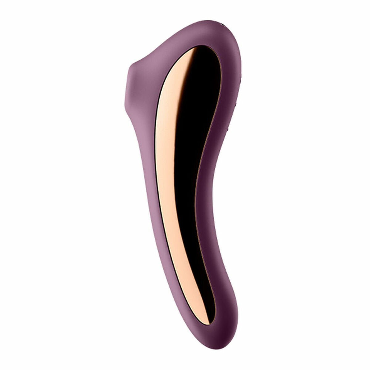 Ein lila Vibrator mit goldfarbenem Akzent in der Mitte, vor weißem Hintergrund. Er hat eine gebogene Form.