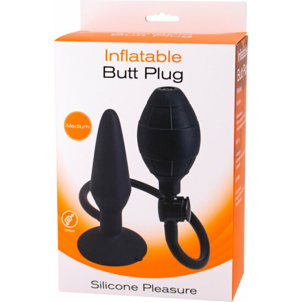 Eine Schachtel mit einem aufblasbaren Buttplug. Das Produkt ist schwarz und aus Silikon. Die Schachtel ist orange und weiß.