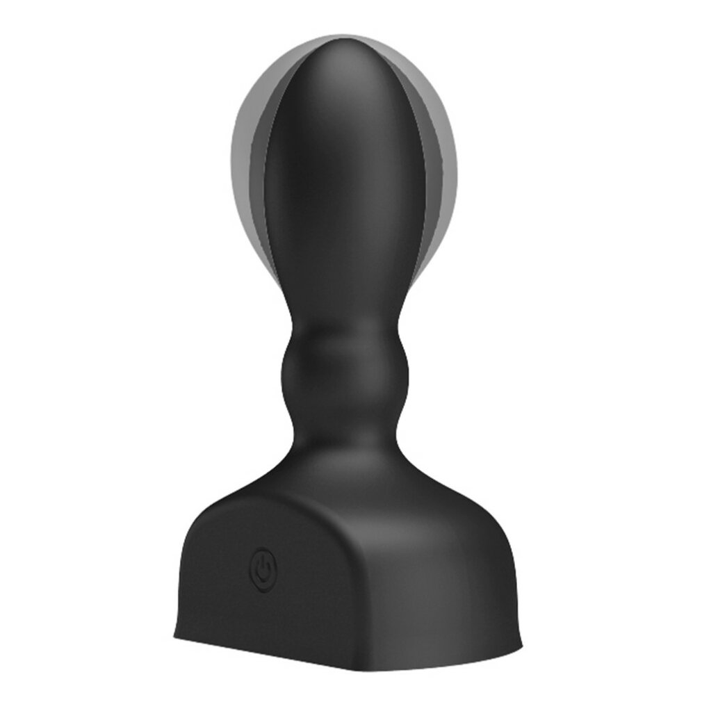 Ein schwarzes Sexspielzeug. Es hat eine abgerundete Oberseite, einen schmalen Hals und einen breiten, flachen Boden mit einem Power-Button-Symbol. Der Hintergrund ist weiß.