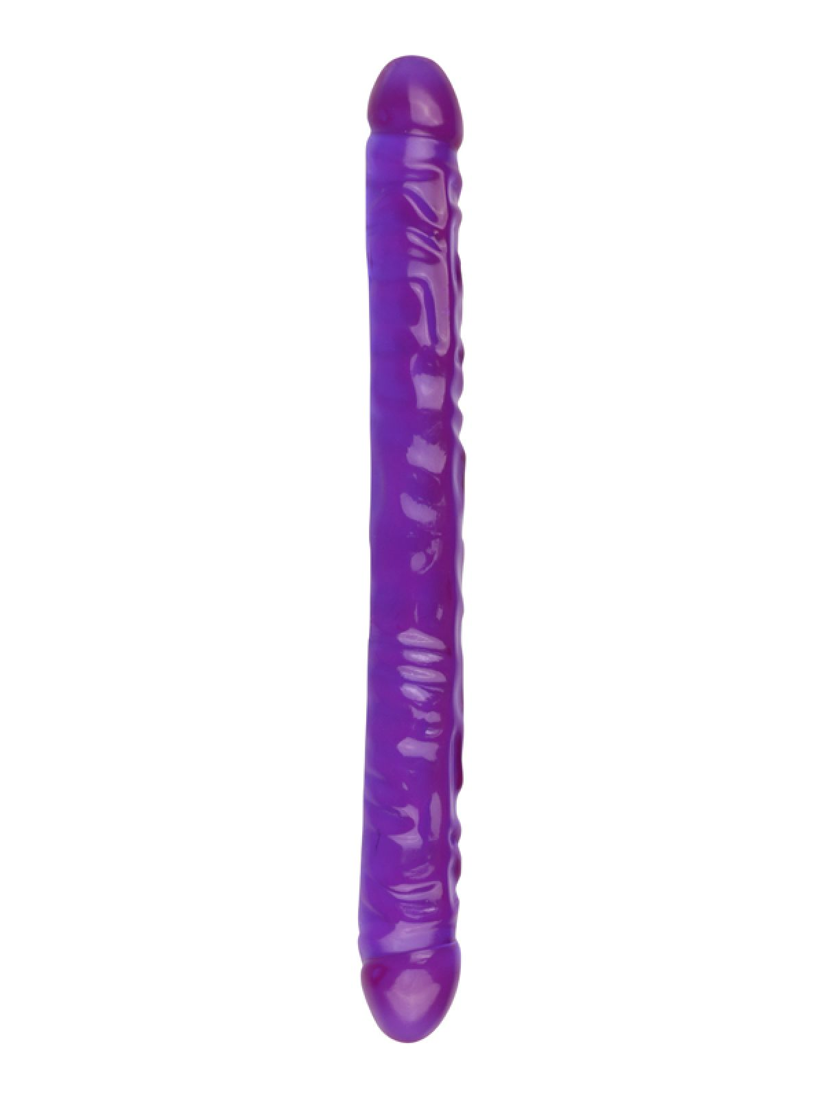 Ein lila Dildo steht vertikal vor weißem Hintergrund. Er hat einen abgerundeten Kopf und einen strukturierten Schaft, der sich an der Basis verjüngt.