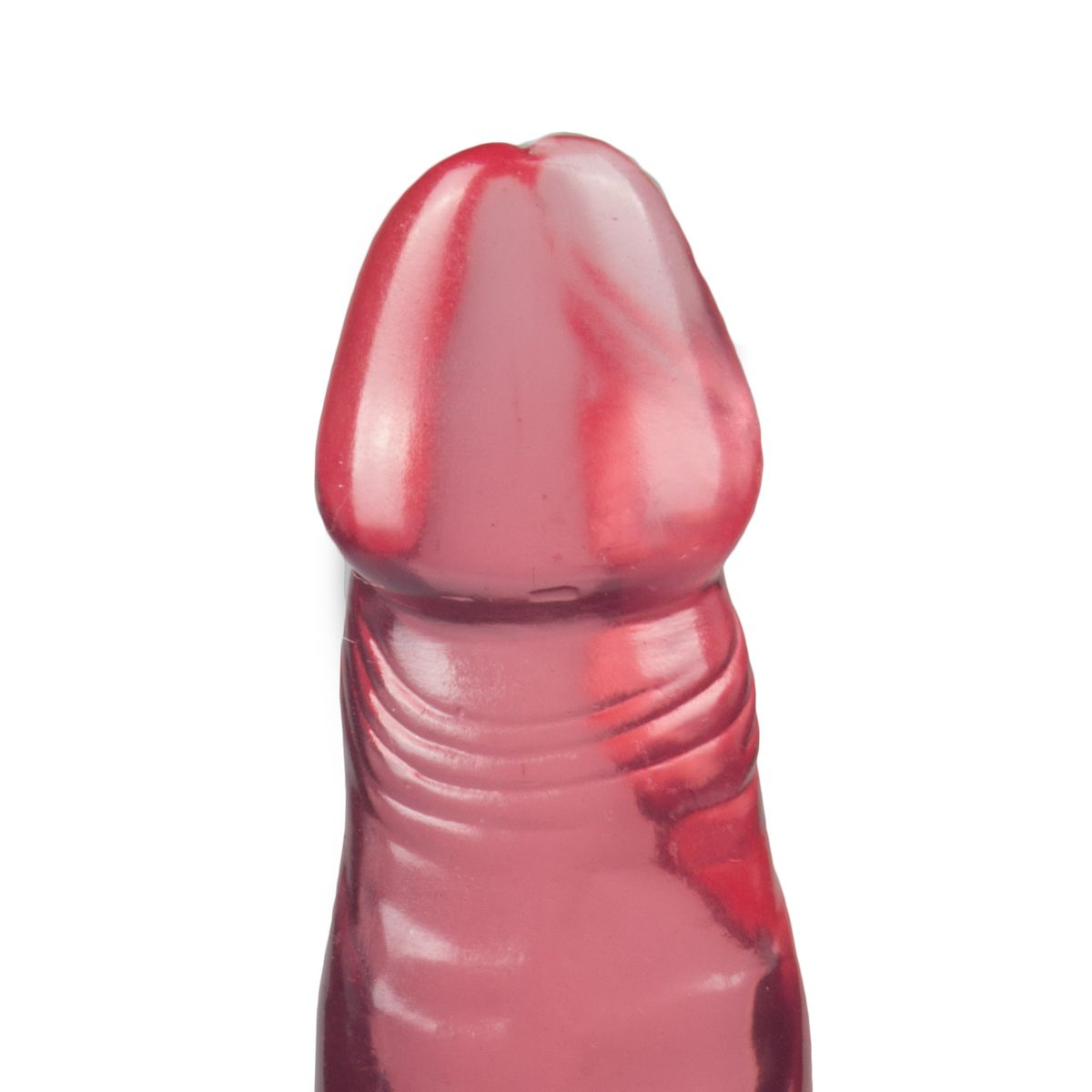Nahaufnahme eines rosafarbenen, durchscheinenden Dildos mit rundem Kopf und strukturierter Oberfläche, vor weißem Hintergrund.