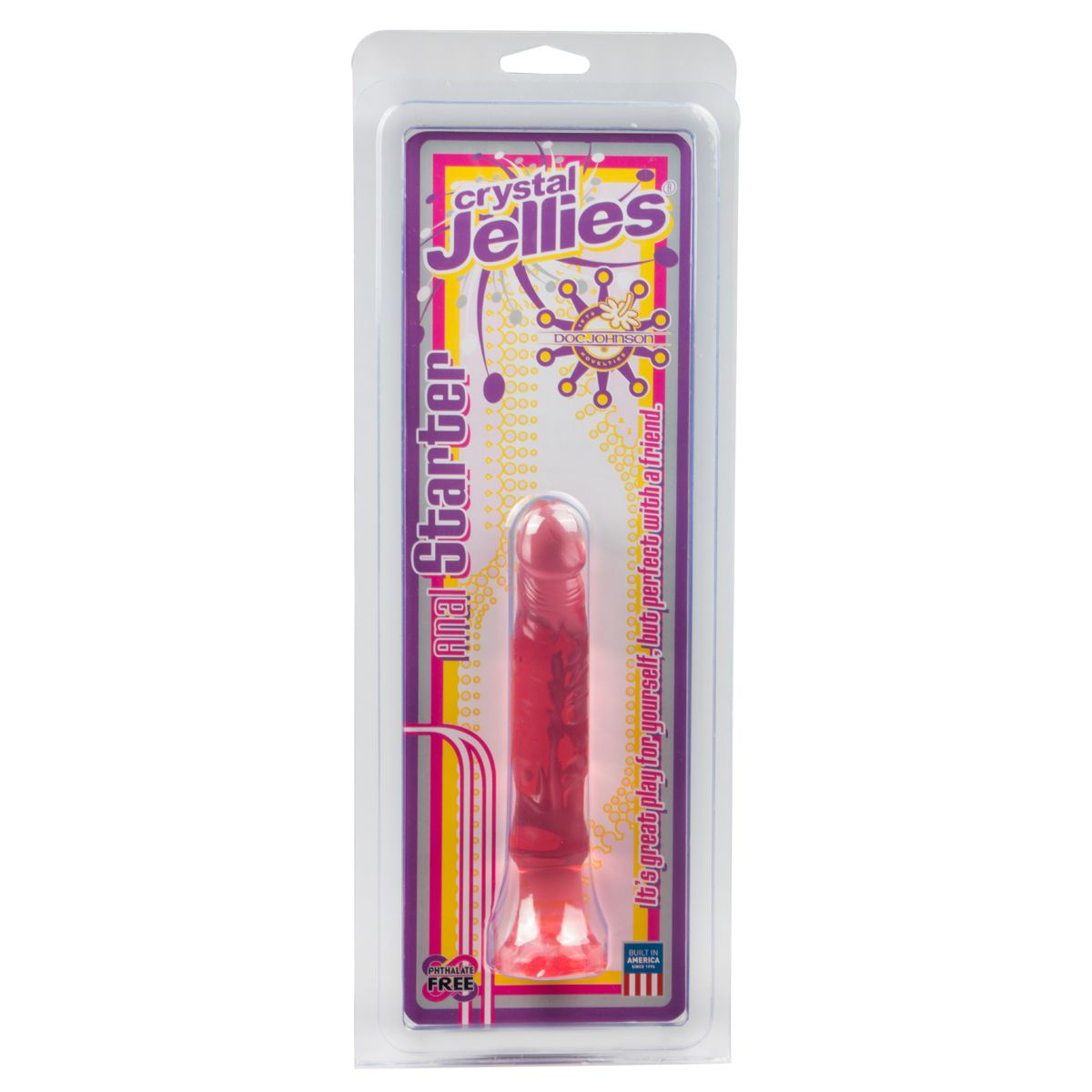 Ein rotes Anal-Starter-Spielzeug in einer durchsichtigen Kunststoffverpackung. Die Verpackung hat Text und Logos für 'crystal Jellies' und 'Anal Starter'.
