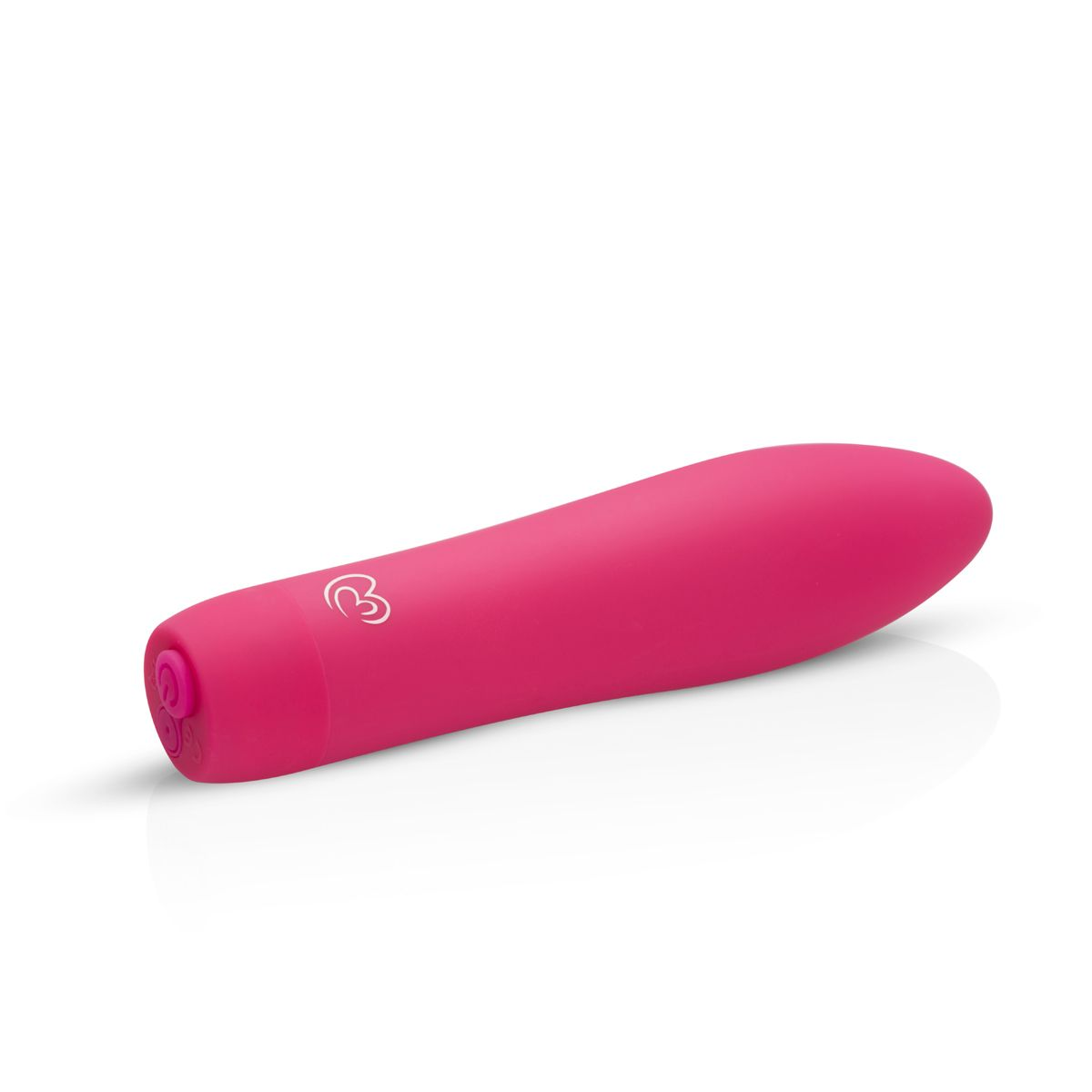 Ein pinkfarbener Vibrator liegt auf einer weißen Oberfläche. Er hat eine abgerundete Form und einen Knopf an einem Ende. Ein Logo ist sichtbar.