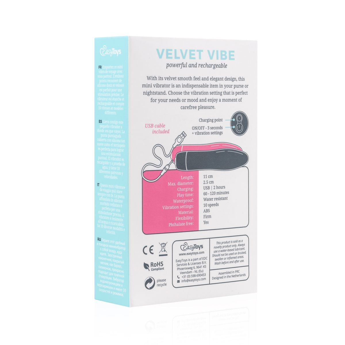 Produktbox mit Text und einer Illustration eines kleinen, rosa-schwarzen Vibrators mit USB-Kabel.