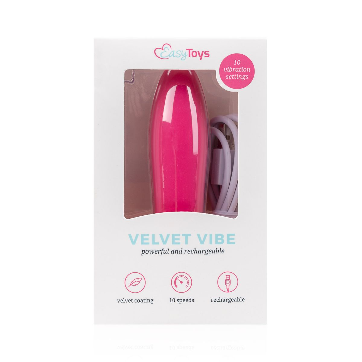 Ein pinkfarbenes Sexspielzeug in einer weißen Box. Auf der Box steht 'VELVET VIBE' und Symbole für Eigenschaften wie Samtbeschichtung und 10 Geschwindigkeiten.