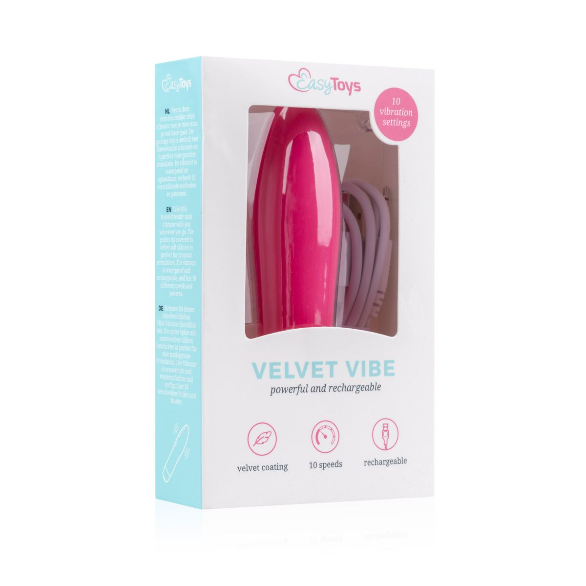 Ein pinkfarbener, wiederaufladbarer Velvet Vibe Vibrator mit 10 Geschwindigkeiten in einer weißen Box. Text beschreibt Funktionen.