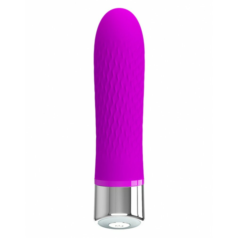 Ein lila Vibrator mit strukturierter Oberfläche und silberner Basis, vor weißem Hintergrund.