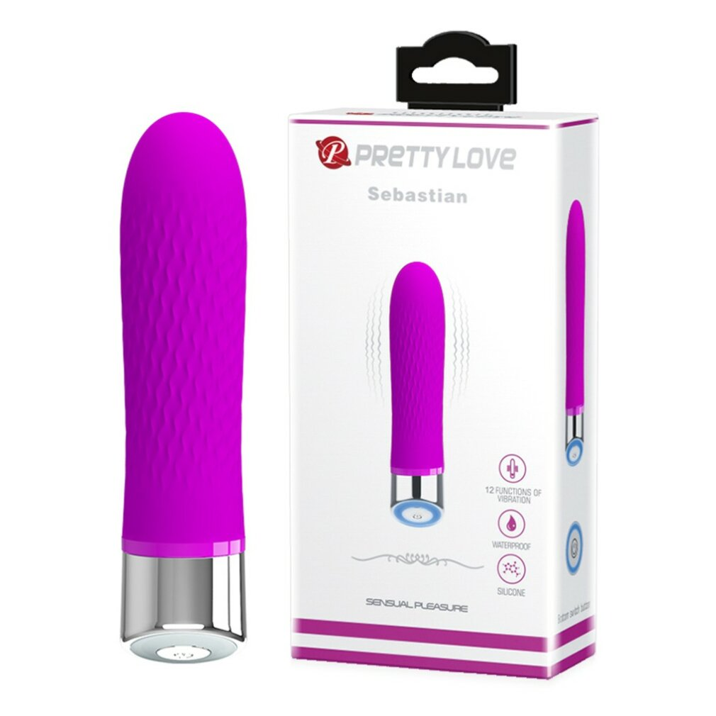 Ein lila Vibrator steht neben seiner Schachtel mit der Aufschrift 'Pretty Love Sebastian'. Die Schachtel zeigt eine Vibratorillustration.