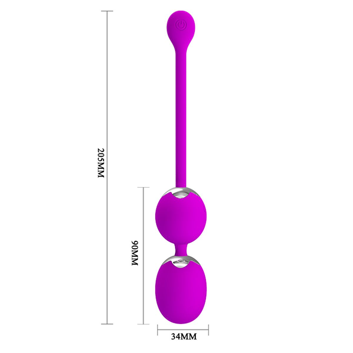 Ein lila Sexspielzeug mit zwei verbundenen ovalen Formen, einem langen Stiel und einer runden Spitze. Maße: 205 mm, 90 mm und 34 mm.