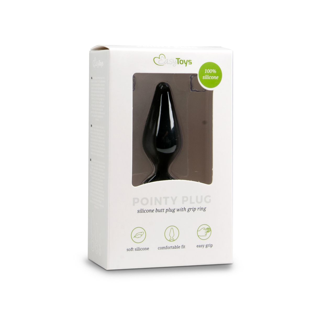 Ein schwarzer, spitzer Analplug wird in einer weißen EasyToys-Box gezeigt. Die Box hat Text und Symbole, die ihre Eigenschaften anzeigen.