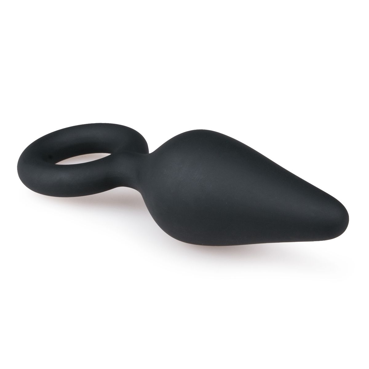 Ein schwarzer Anus-Plug mit rundem Griff und konischem, glattem Körper, vor weißem Hintergrund.