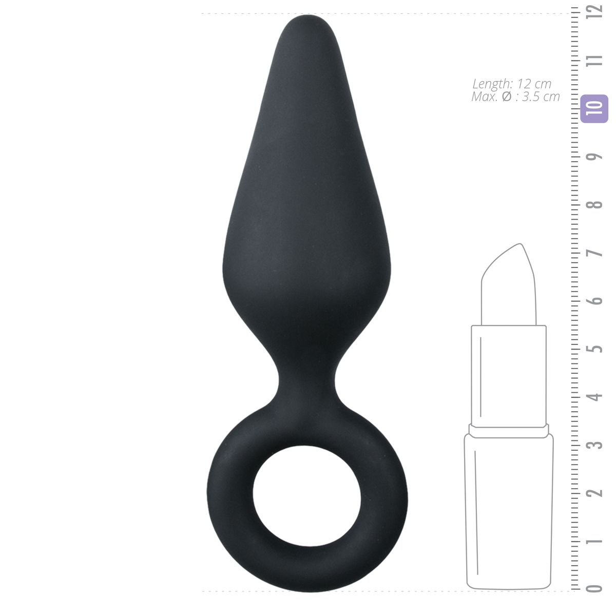 Ein schwarzer Anus-Plug mit Ringbasis wird neben einer Lippenstiftkontur und einem Lineal gezeigt, das seine 12 cm Länge angibt.