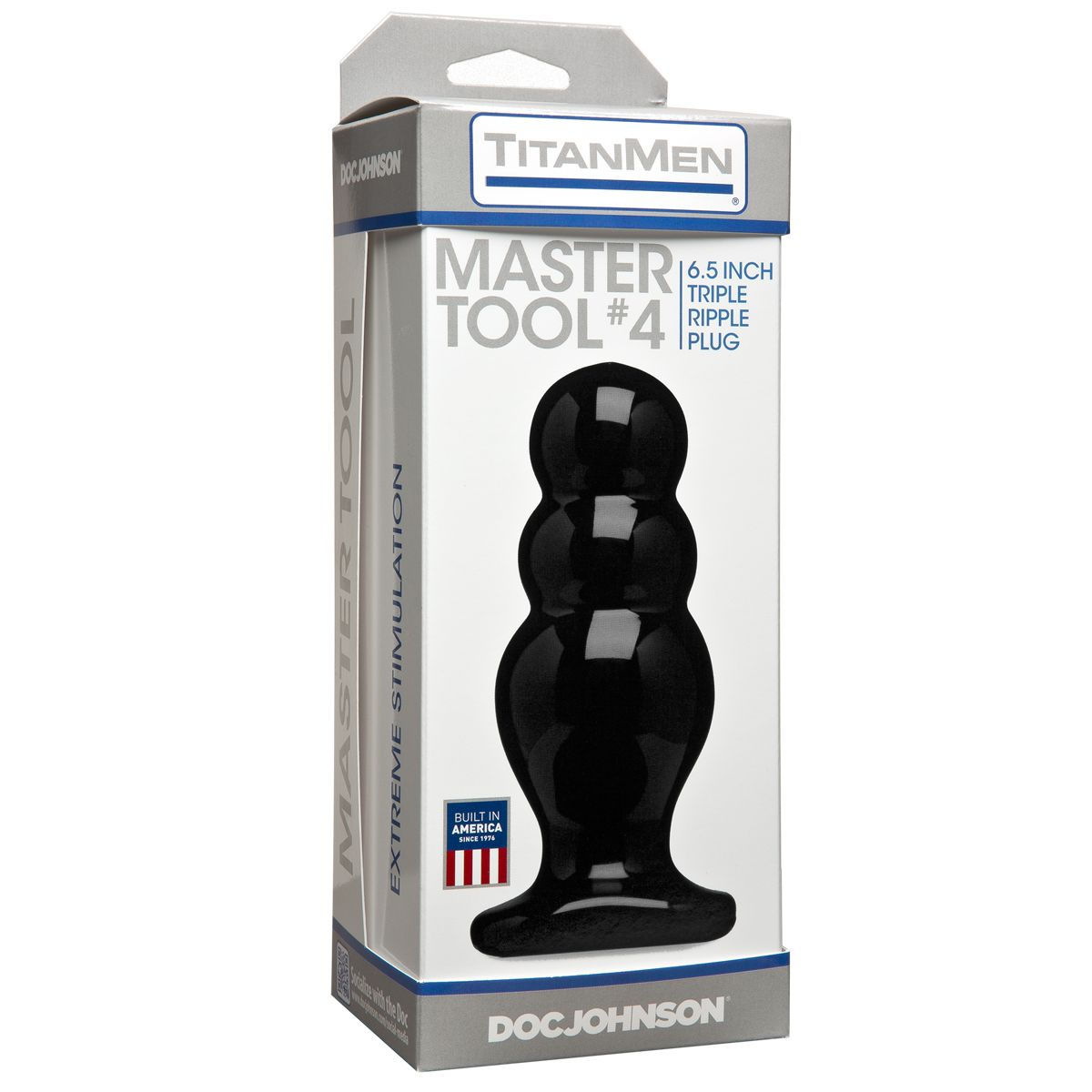 Ein schwarzes Sexspielzeug namens 'Master Tool #4' befindet sich in seiner Verpackung. Die Verpackung trägt die Aufschrift 'Doc Johnson' und 'TitanMen'.