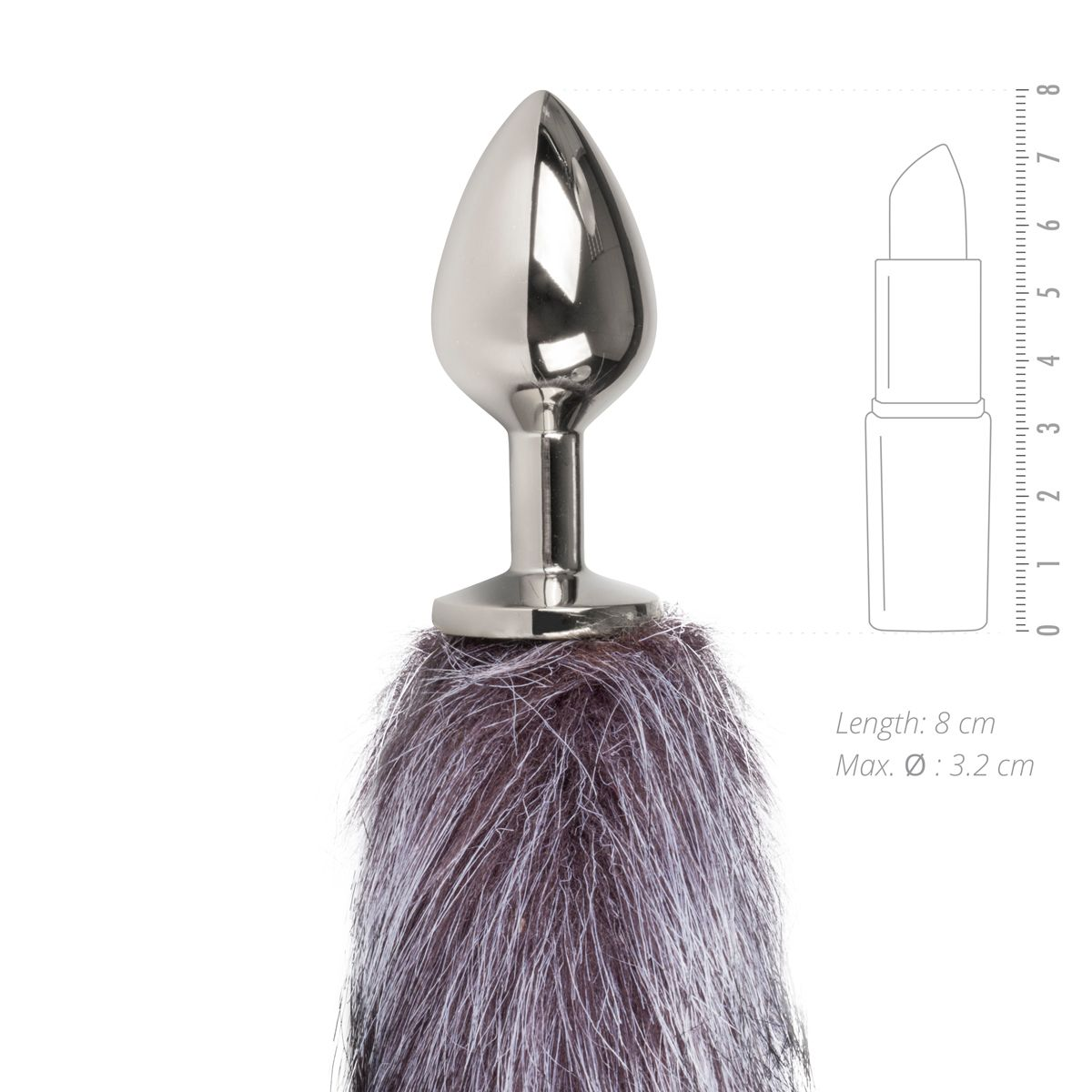 Ein Metall-Anal-Plug mit einem flauschigen Schwanz. Daneben eine Skizze eines Lippenstifts mit Größenangaben: 8 cm Länge, 3,2 cm max.