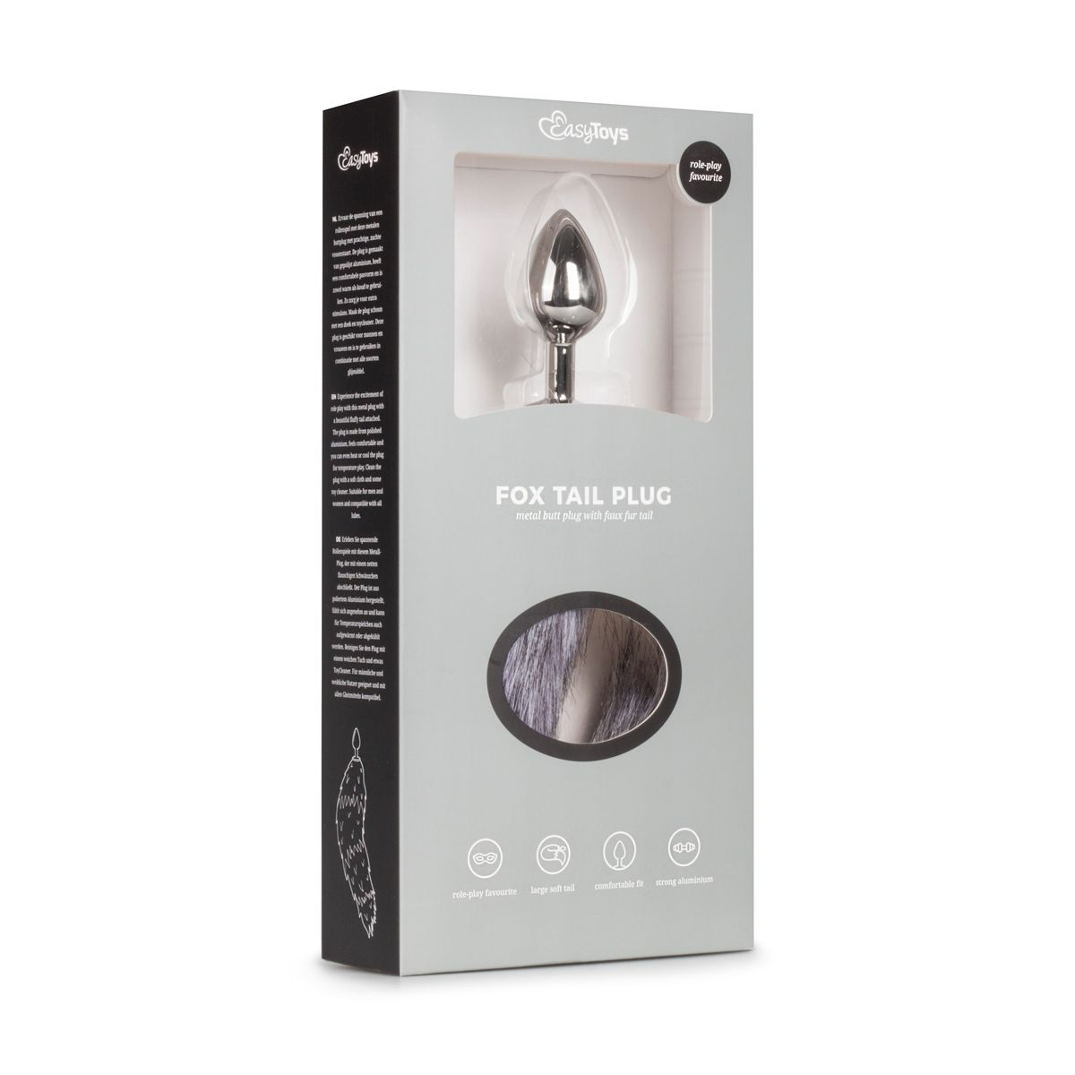 Eine Produktverpackung. Sie zeigt einen Metall-Butt-Plug mit einem Kunstfellschwanz. Die Box ist hellgrau mit Produktdetails.