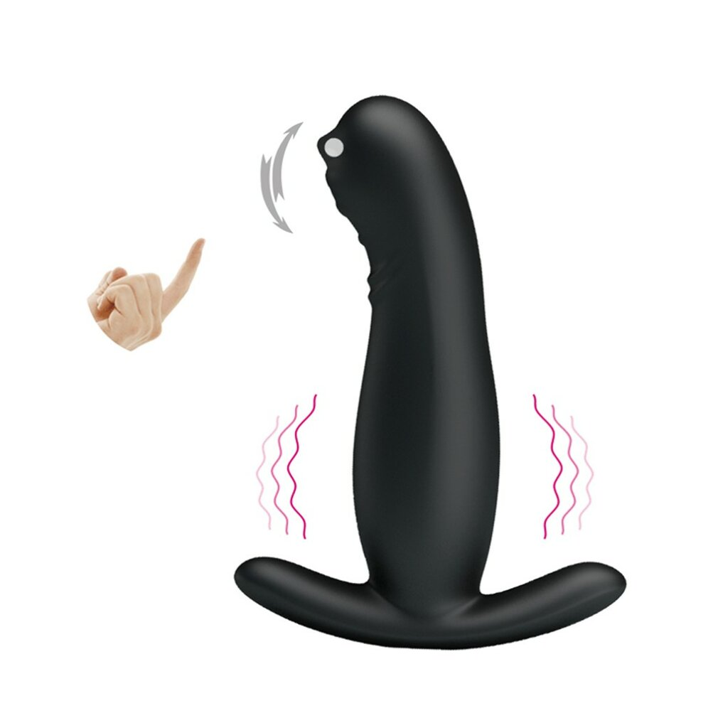 Ein schwarzes Sexspielzeug mit gebogener Form, begleitet von einer Handgeste und Wellenlinien, die Vibrationen anzeigen, auf weißem Hintergrund.