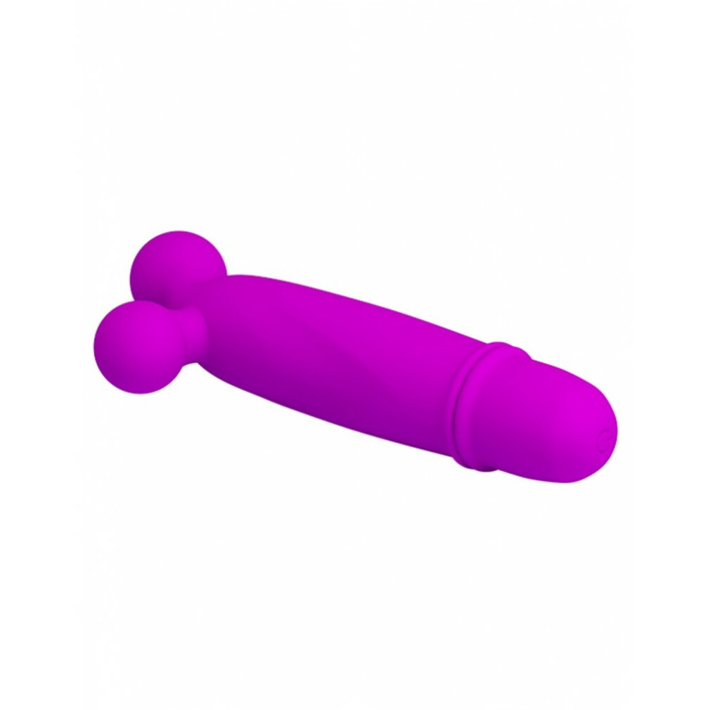 Ein lila Vibrator auf weißem Hintergrund. Er hat einen Schaft, einen Kopf und zwei Kugeln. Das Produkt dient dem sexuellen Vergnügen.