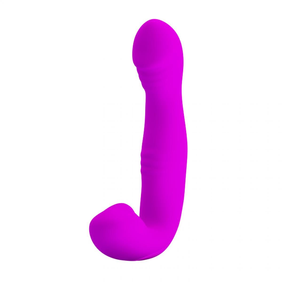 Ein leuchtend magenta Sexspielzeug vor einem schlichten weißen Hintergrund. Es hat eine gebogene Form mit rundem Kopf und Basis.