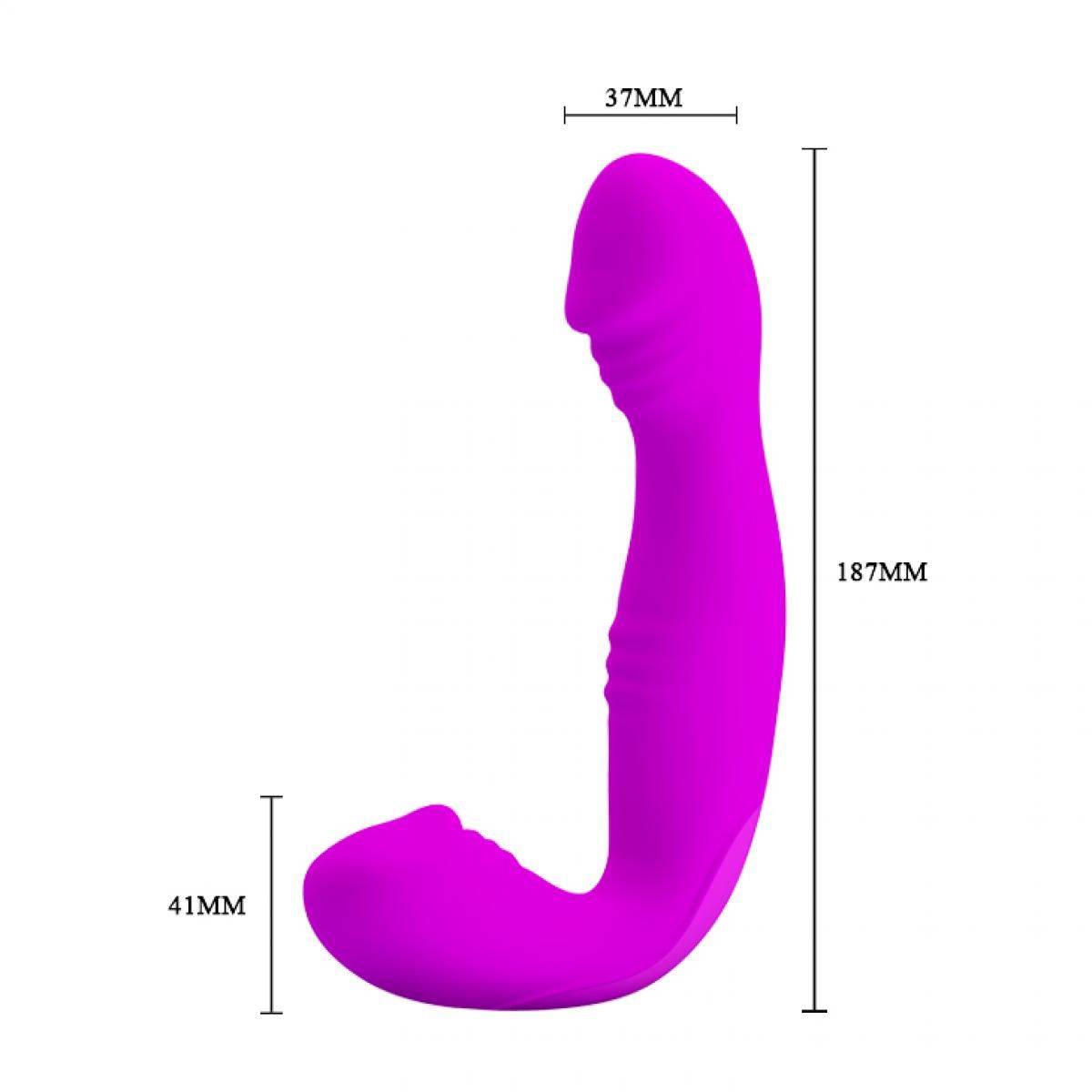 Ein pinkfarbener Vibrator mit Maßen. Er hat eine gebogene Form mit Kopf und Basis. Die Abmessungen sind ebenfalls angegeben.