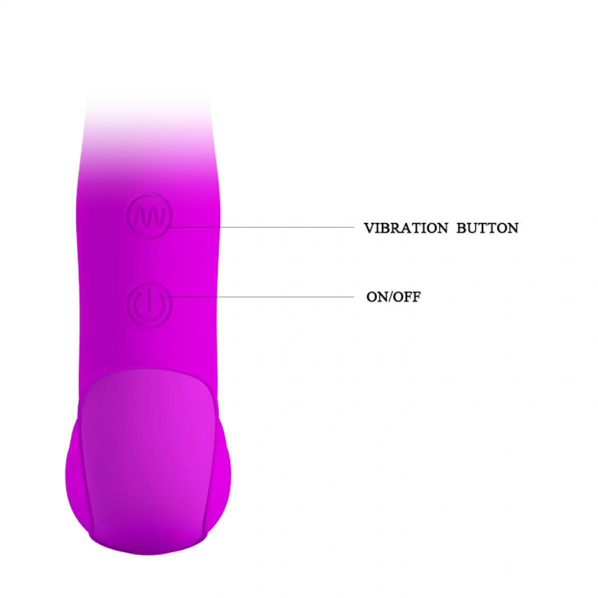 Ein lila Vibrator mit Vibrations- und Ein/Aus-Tasten vor weißem Hintergrund. Text beschriftet die Tasten.